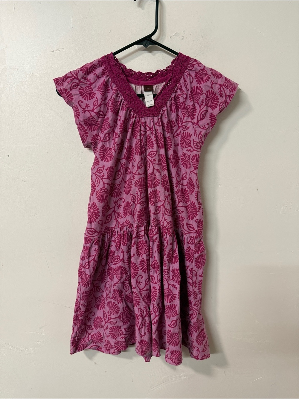 Girls' Pink Floral Print Dress with Lace Trim